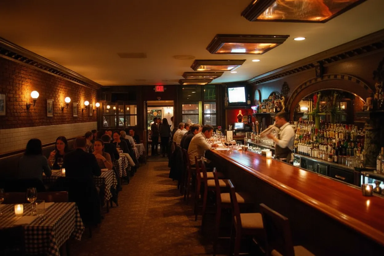 A characterful neighborhood restaurant interior with diners at warm-lit tables