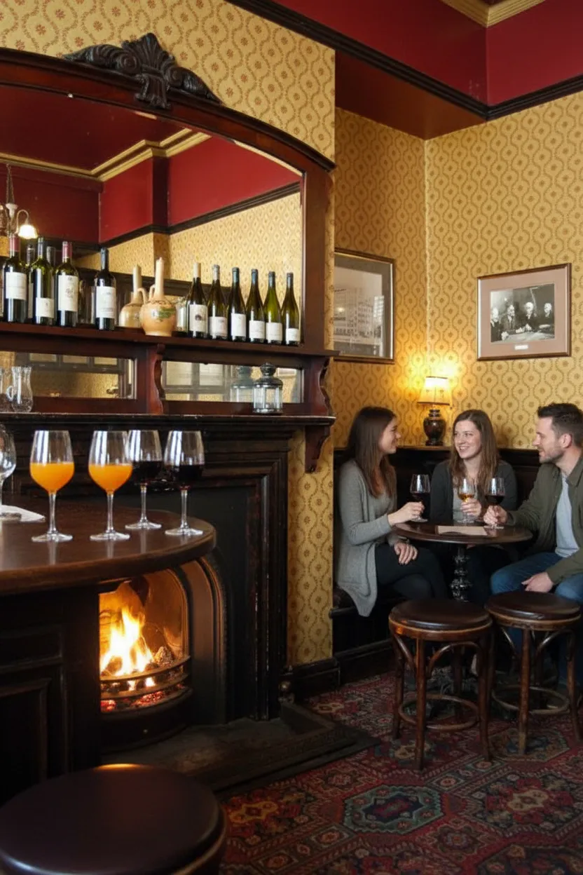 A natural-wine bar counter with glasses catching warm light