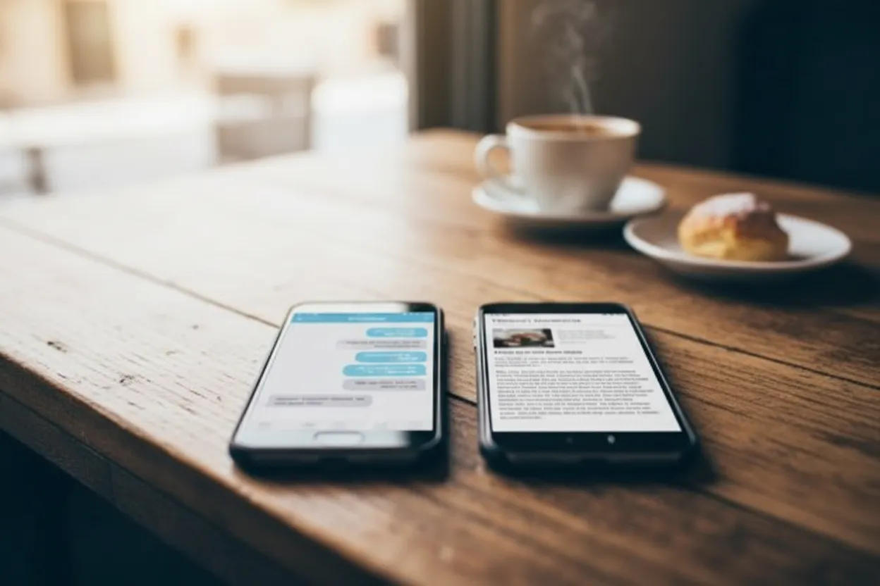 Two-product comparison at a restaurant table: a phone showing blue chat bubbles beside a phone showing a written restaurant review