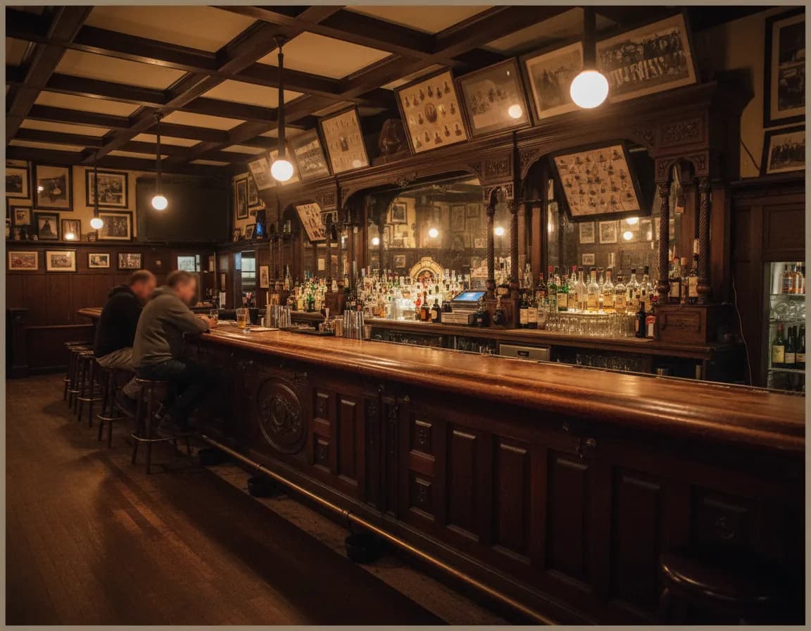 A characterful dive bar interior glowing warm with a few regulars