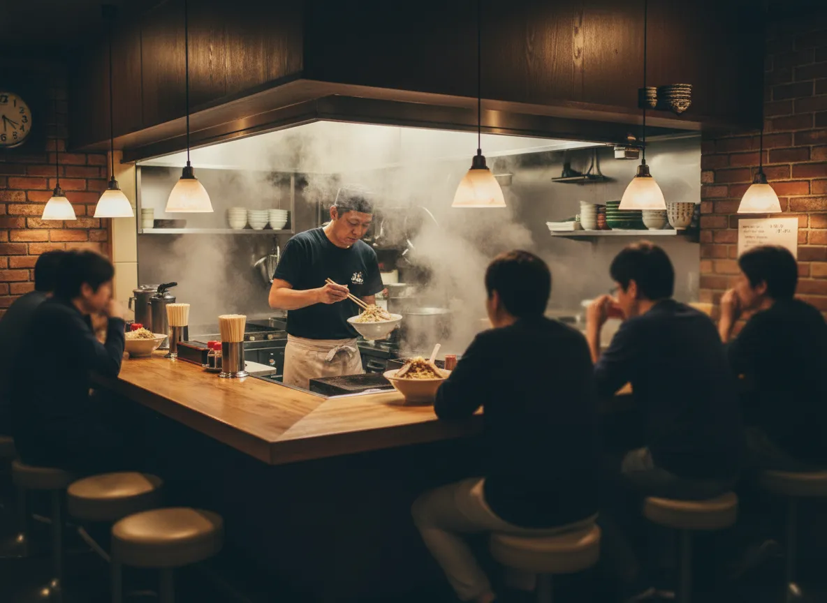 A casual food spot with counter seating and steam rising from the kitchen