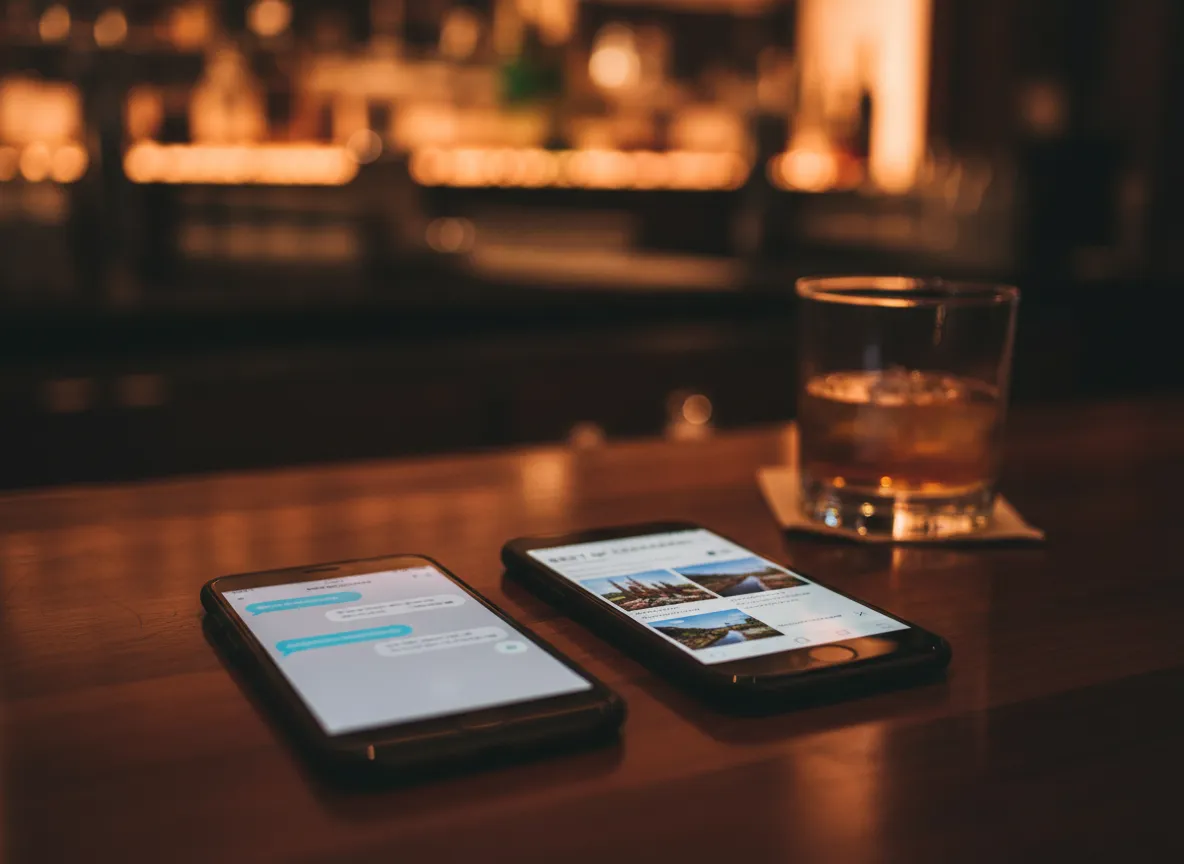 Two-product comparison on a bar table: a phone showing blue chat bubbles beside a phone showing a best-of roundup article