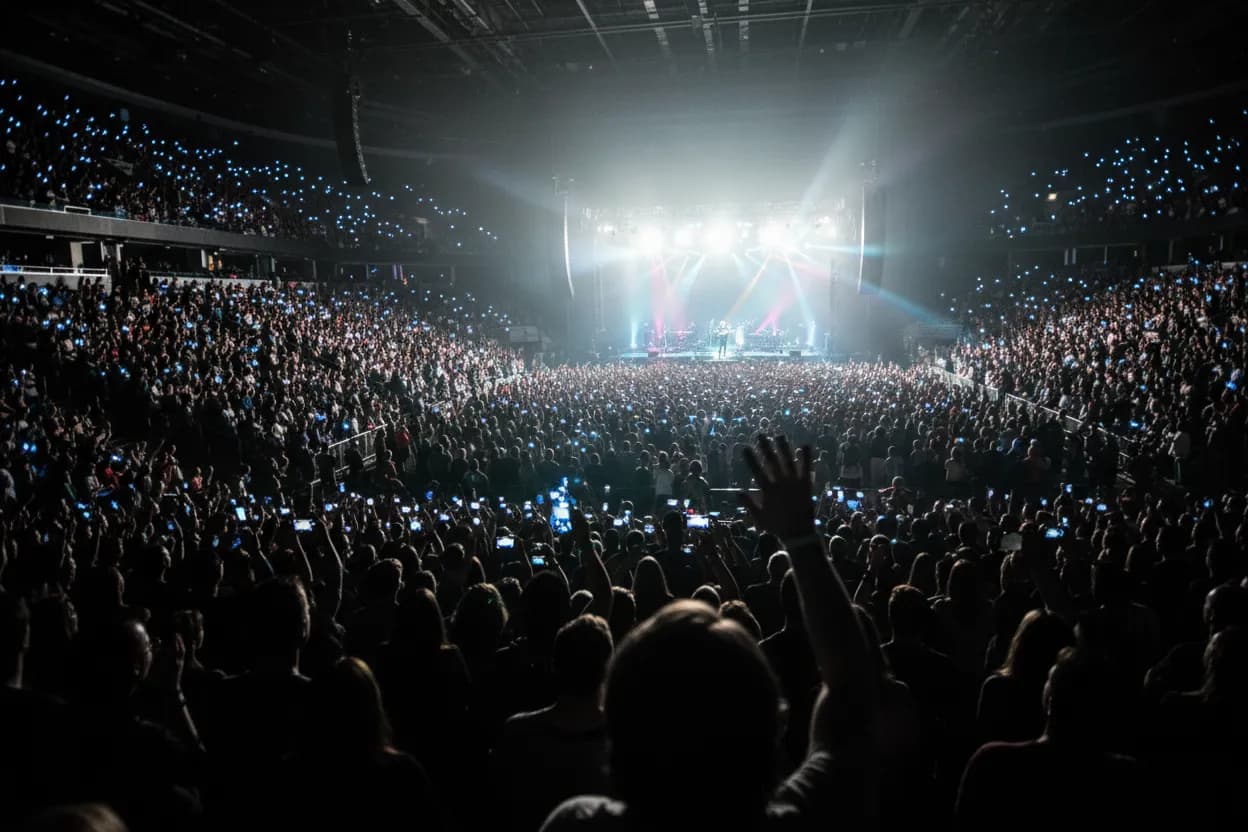 A large arena show with a sea of lights and a big crowd