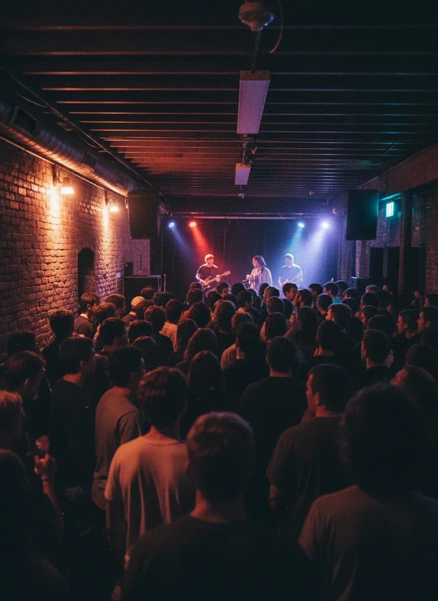 A small underground music room with a close, energetic crowd