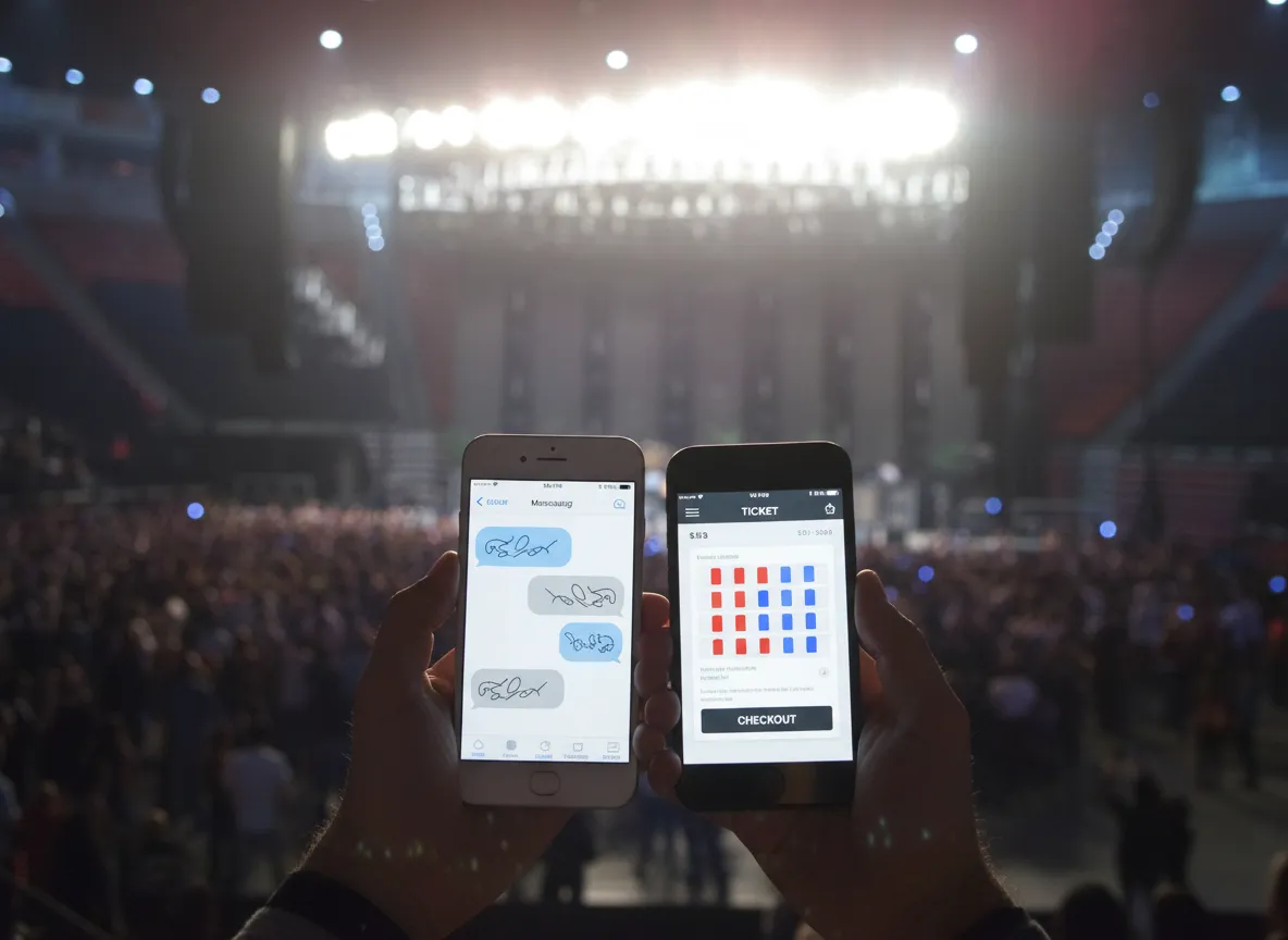 Two-product comparison at a big venue: a phone showing blue chat bubbles beside a phone showing an event ticket checkout
