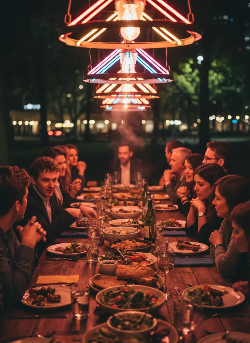 A long dinner table of people talking over shared plates