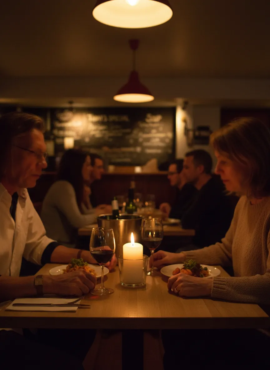 An intimate two-person dinner at a warm neighborhood spot