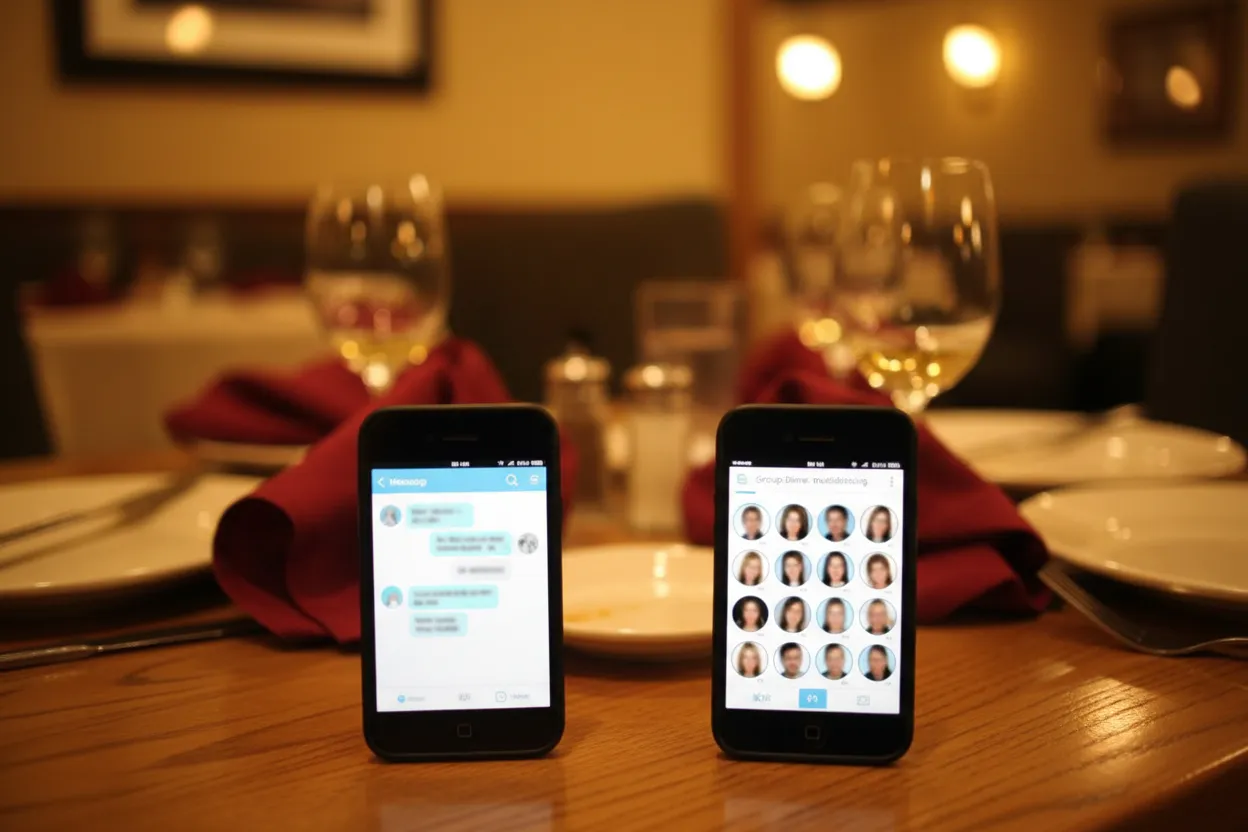 Two-product comparison at a table: a phone showing blue chat bubbles beside a phone showing a group-dinner matchmaking app
