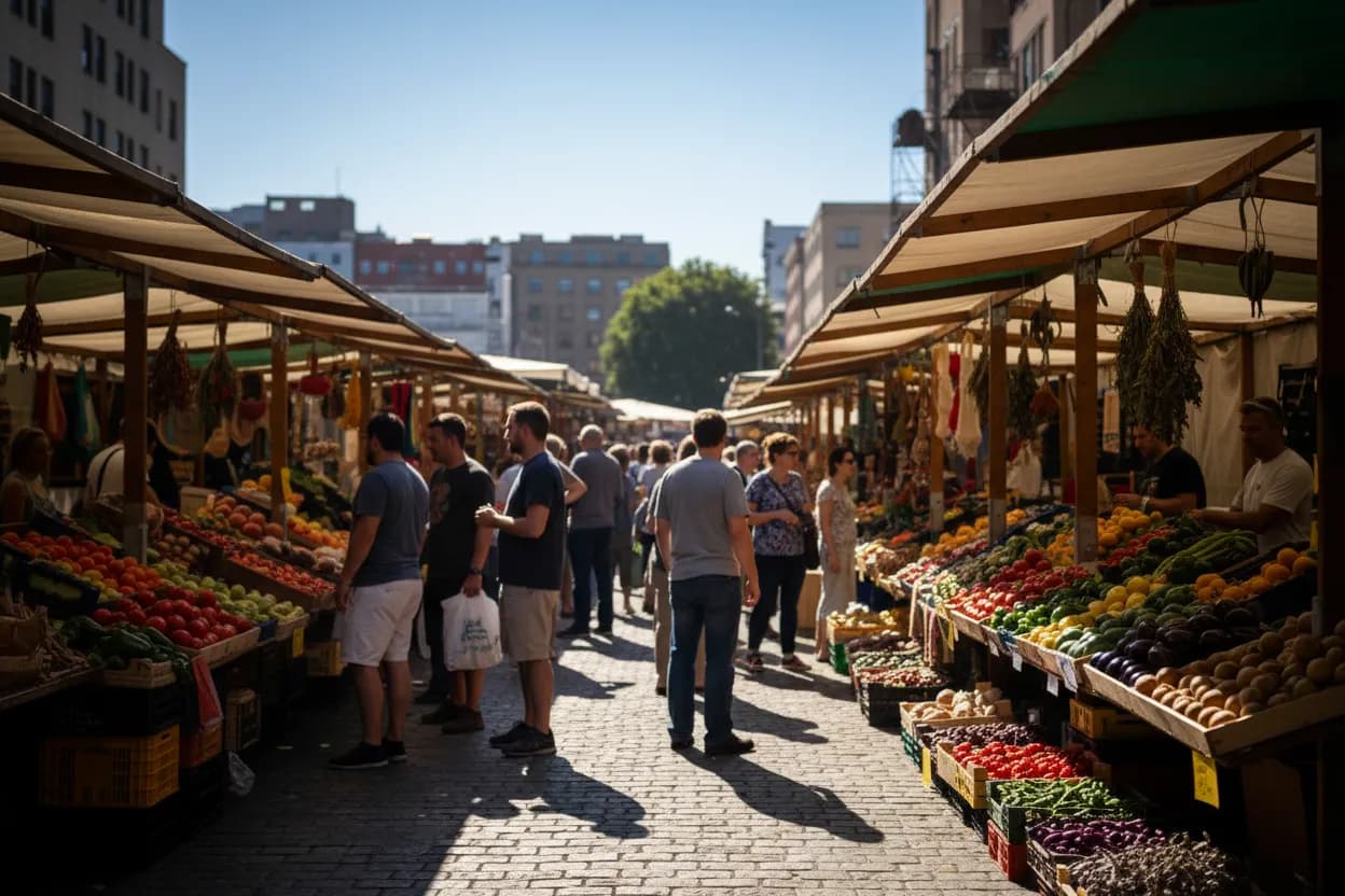 People wandering a lively open-air market in the afternoon