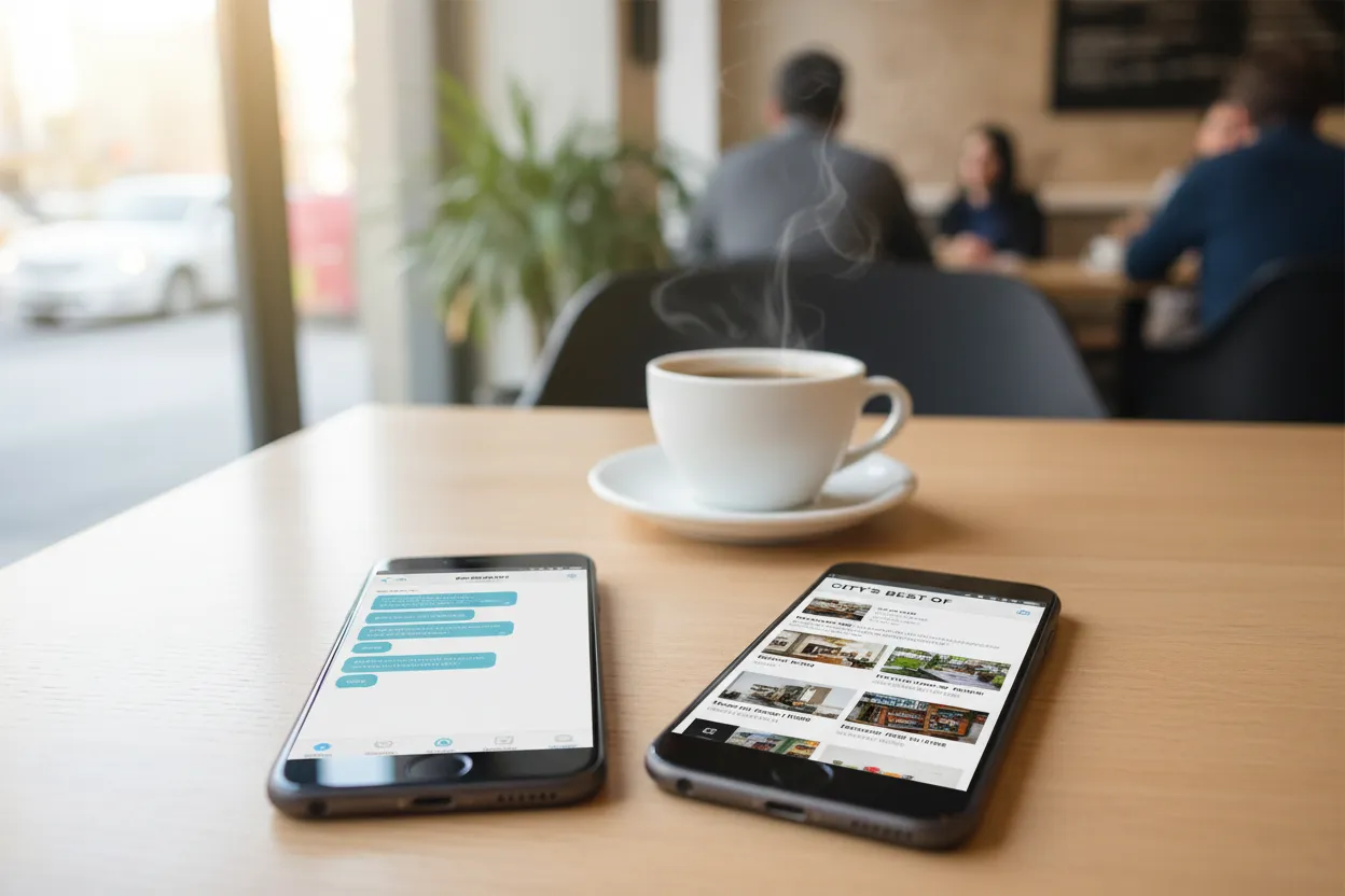 Two-product comparison on a table: a phone showing blue chat bubbles beside a phone showing a citywide best-of listings article