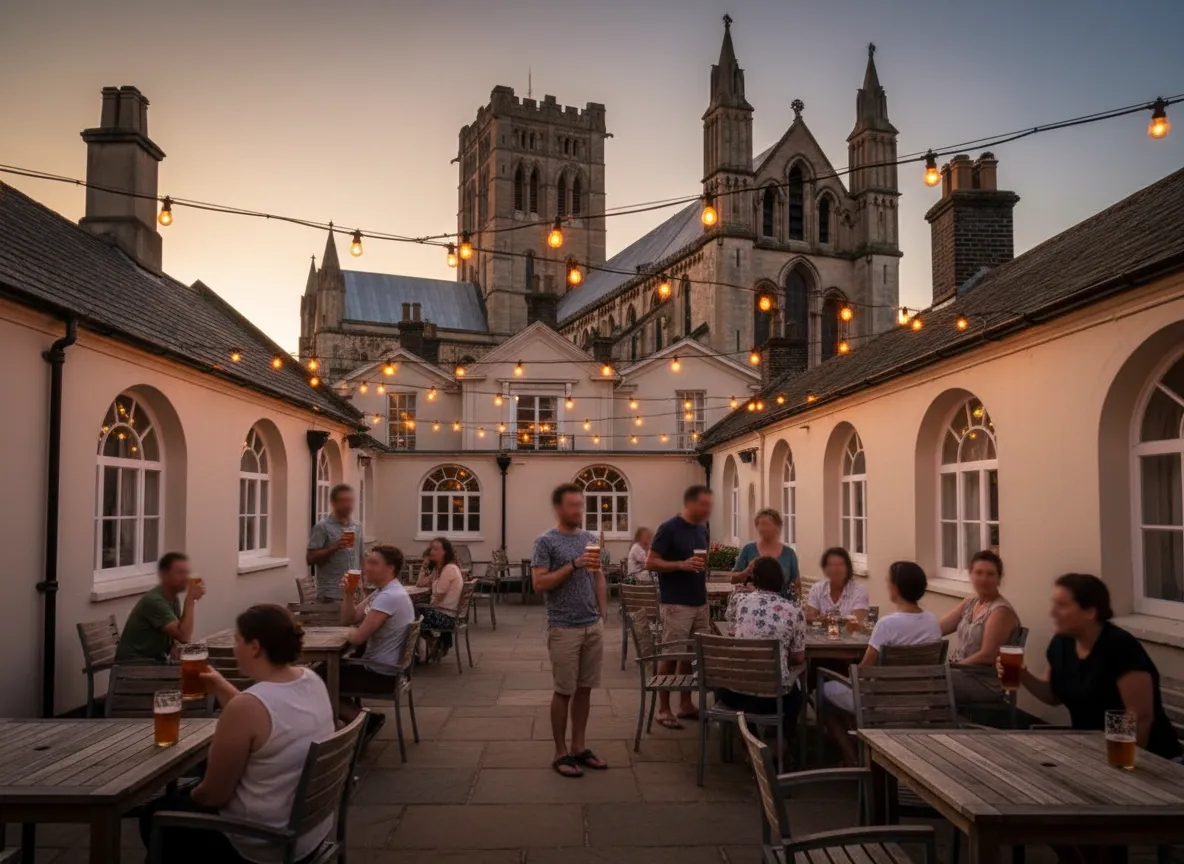 A relaxed back patio with string lights and people with pints
