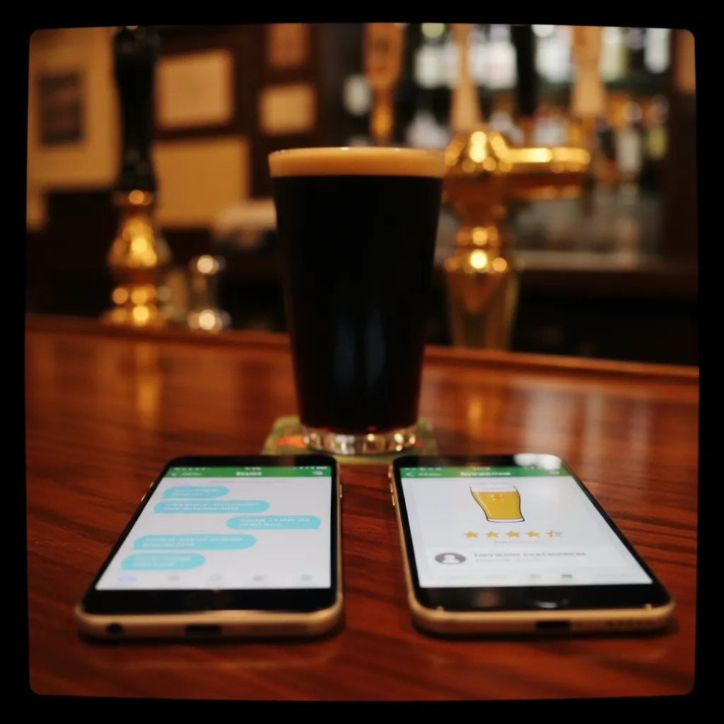 Two-product comparison at a bar: a phone showing blue chat bubbles beside a phone showing a beer check-in with a rating