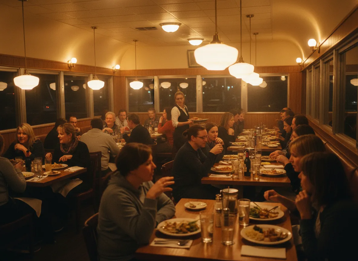 A warm, busy neighborhood restaurant interior at dinner service