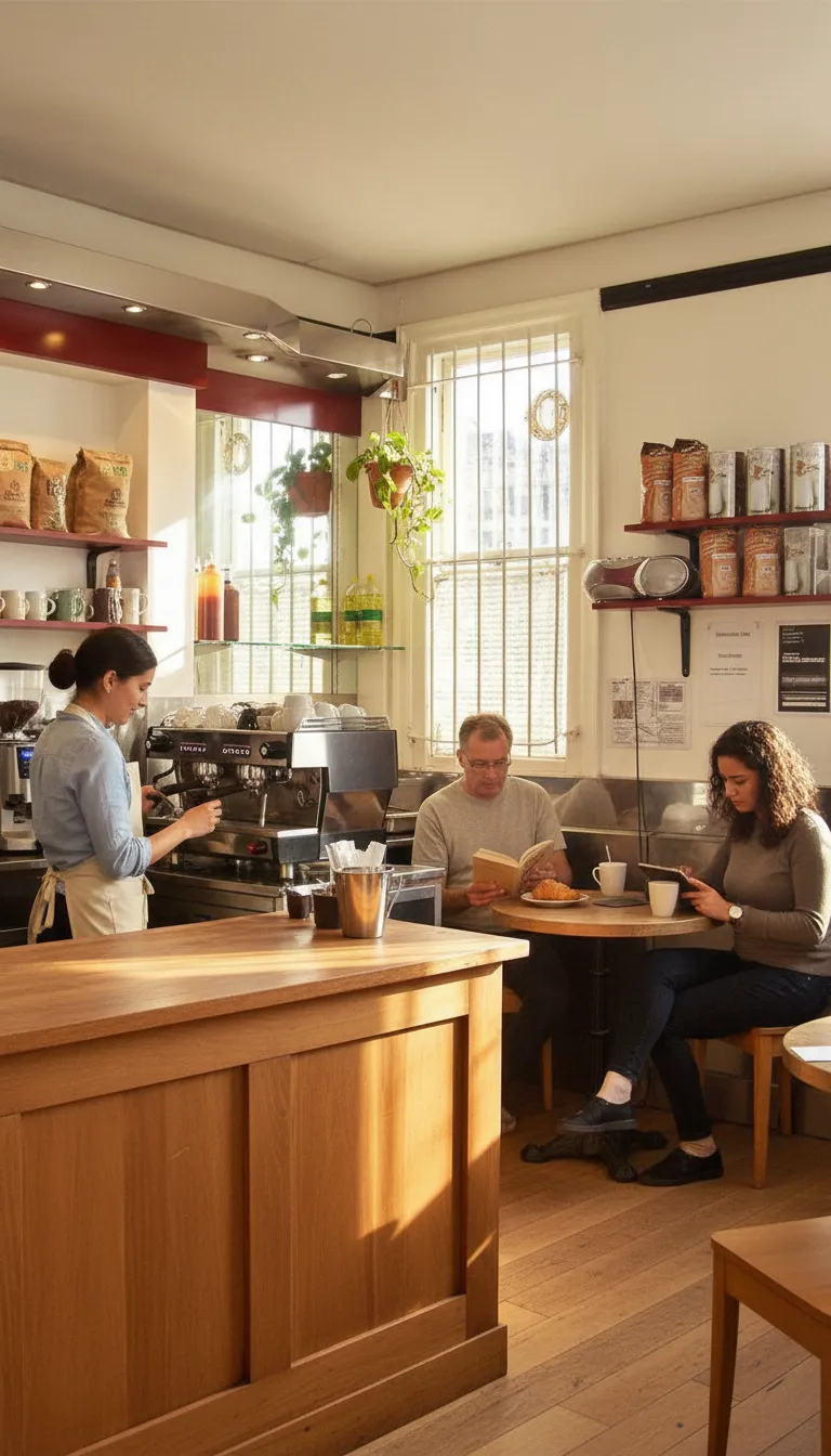 A cozy independent coffee shop counter with soft daylight