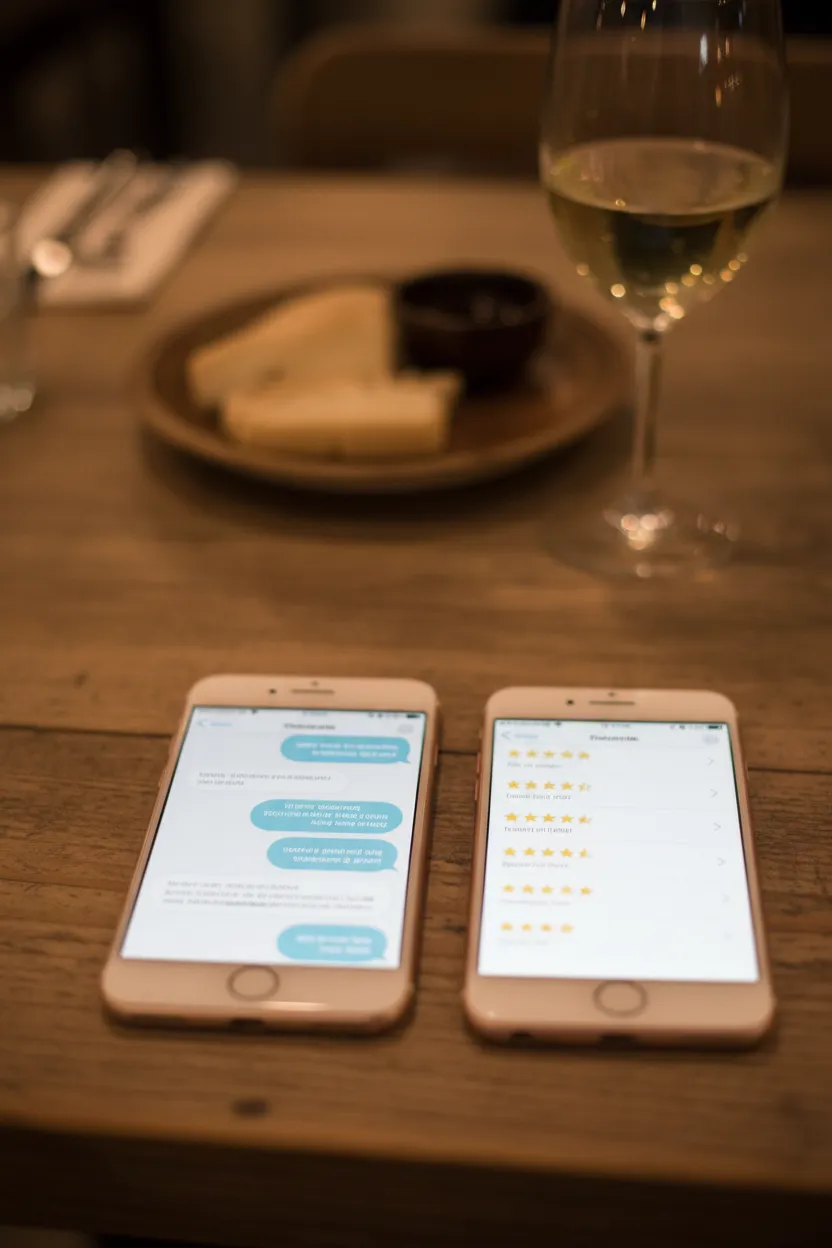 Two-product comparison on a restaurant table: a phone showing blue chat bubbles beside a phone showing a star-rated review list