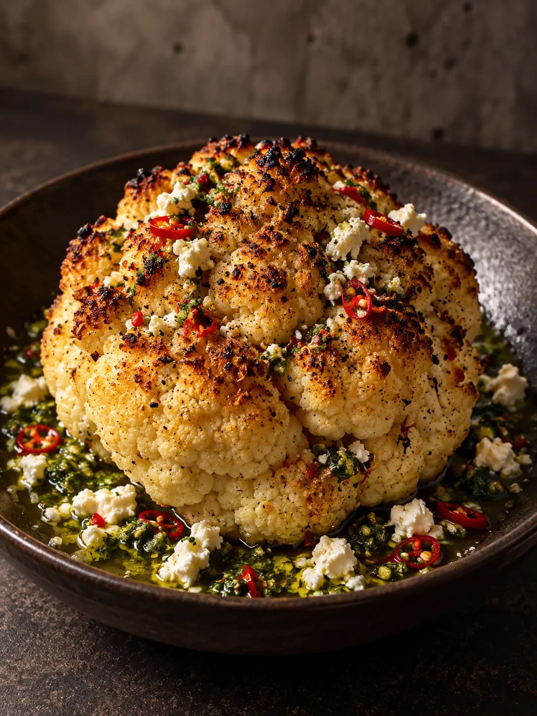 A whole head of roasted cauliflower, charred at the florets, dressed with crumbled white cheese and a green herb vinaigrette in a shallow bowl