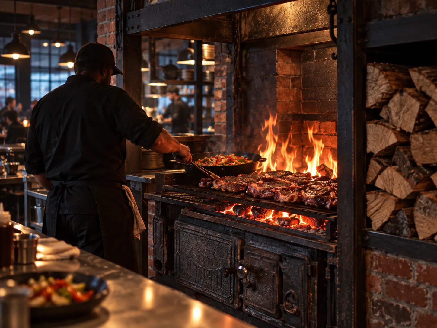 An open restaurant kitchen with a wood-burning grill, split logs stacked beside it and flames visible under the grate