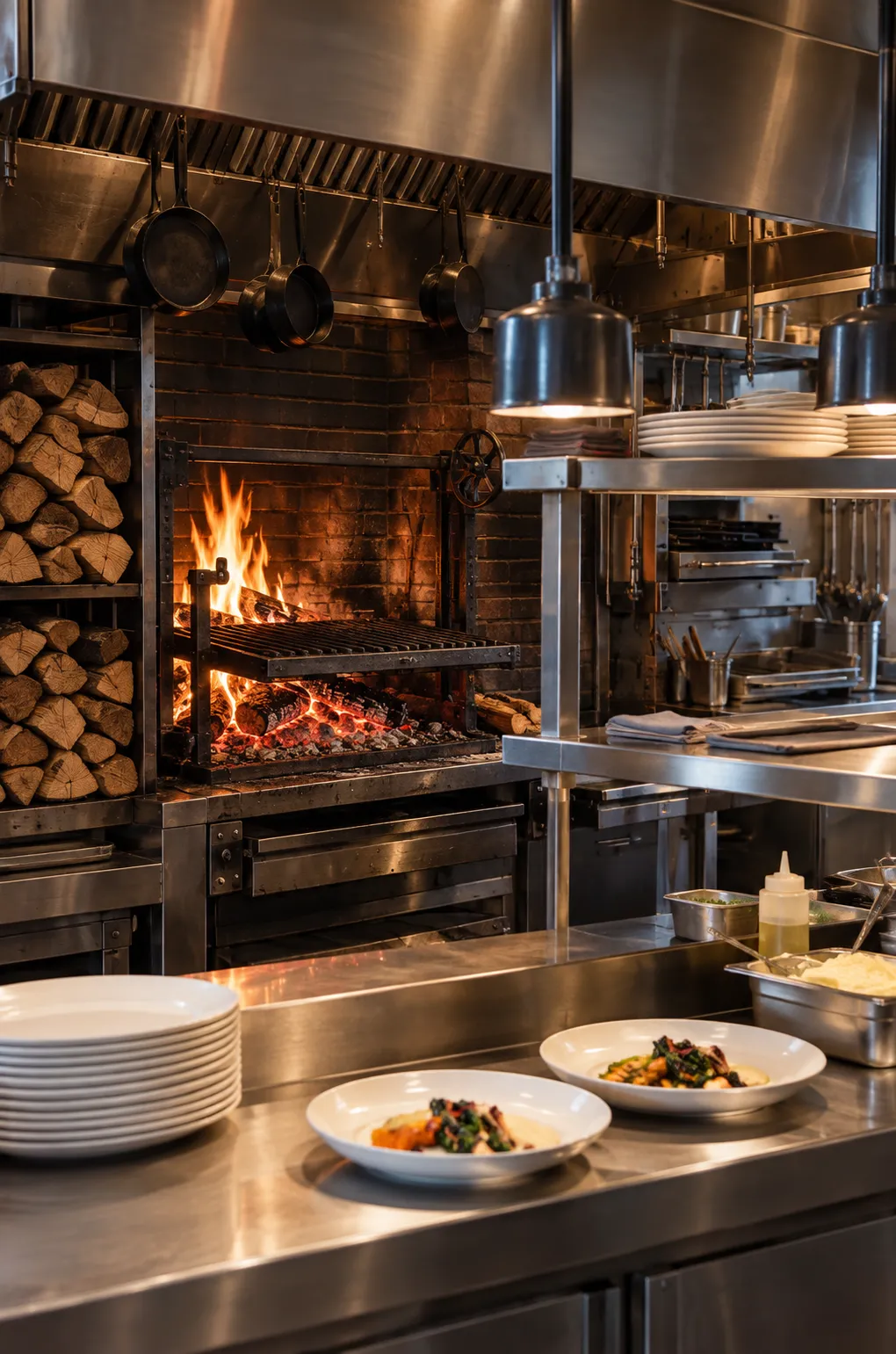 Open restaurant kitchen built around a wood-burning grill with split logs stacked beside the hearth, glowing embers under a steel grate and a stainless pass behind