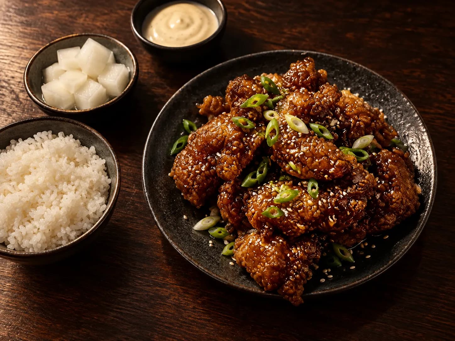 Glossy lacquered fried chicken pieces piled on a dark ceramic plate with sesame seeds and spring onion, beside a dish of dipping sauce and pickled radish