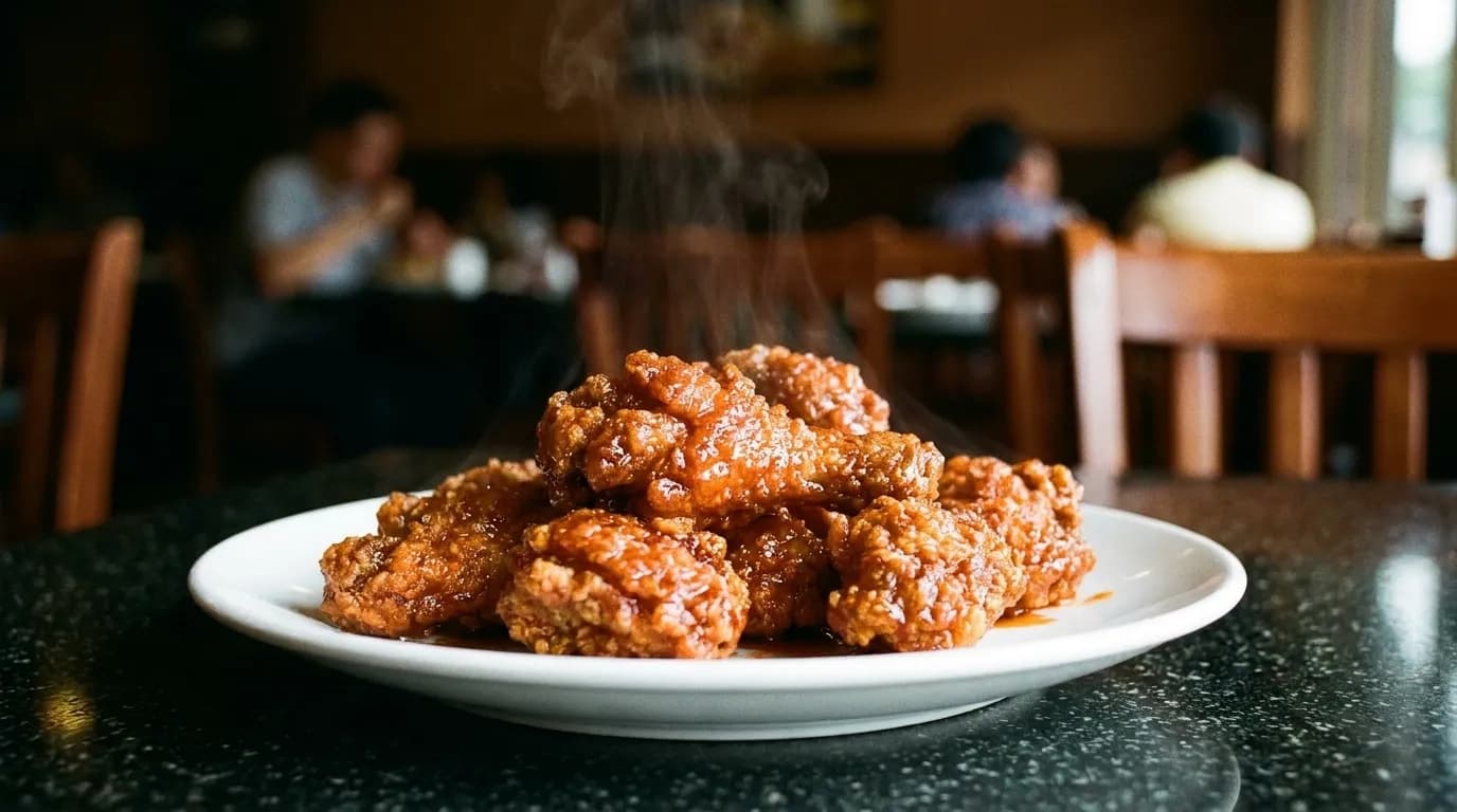 Korean fried chicken pieces glistening with chile butter on white plate, steam rising against dim restaurant lighting with blurred dining room in background