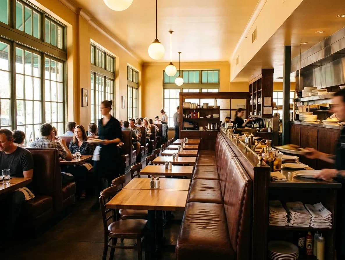 A Los Angeles dining room mid-service with leather booths, two-tops under low pendant globes and a service station at the back