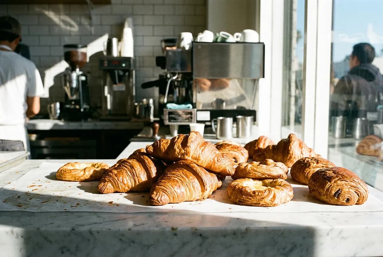 Close-up of croissants and pastries on a white marble bakery counter in morning light