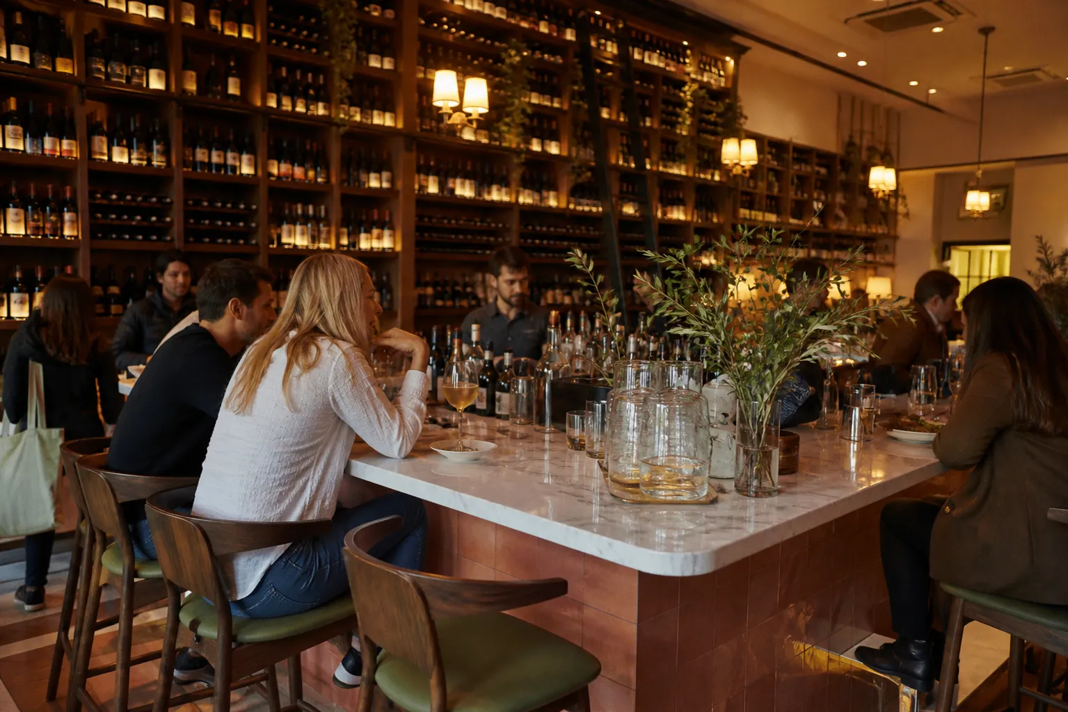 Modern wine bar interior with floor-to-ceiling shelves of wine bottles and warm lighting.
