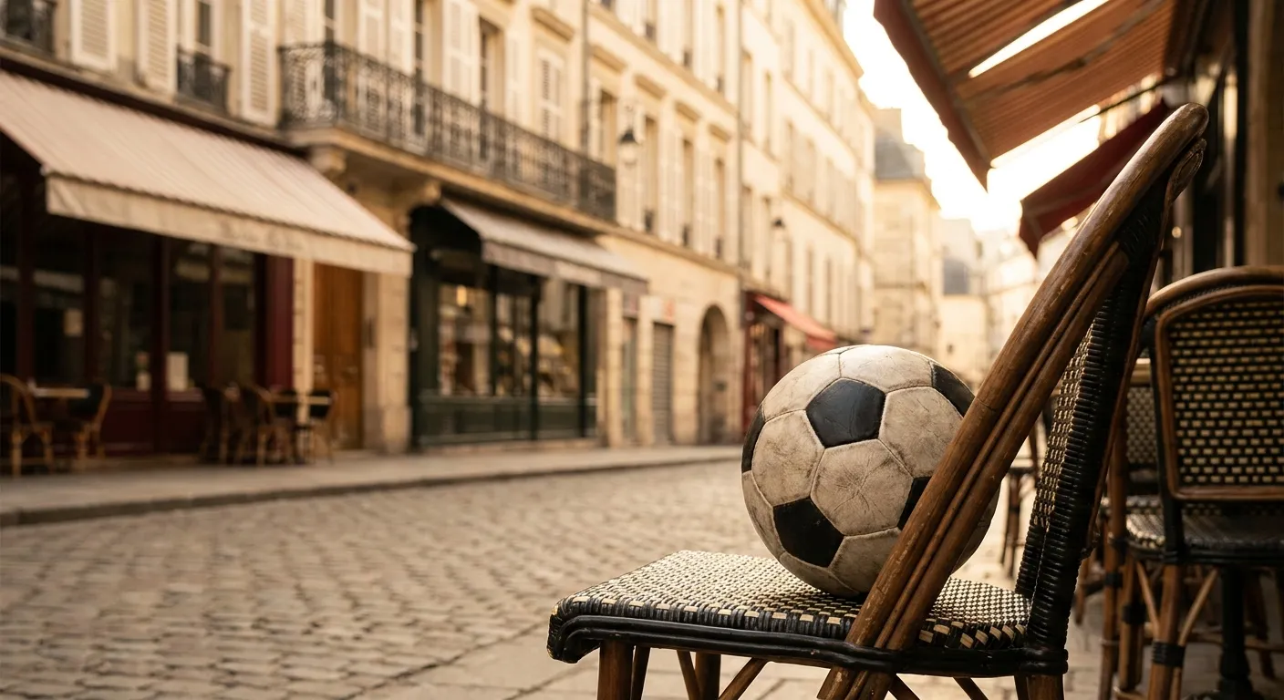 A worn soccer ball on a cafe chair with a French street scene softly blurred behind