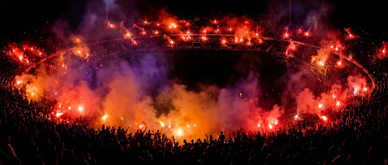 A dramatic stadium bowl glowing with flares and colored smoke at night