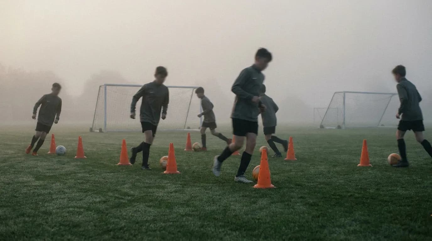 Youth players training on a misty pitch at dawn with cones and goals