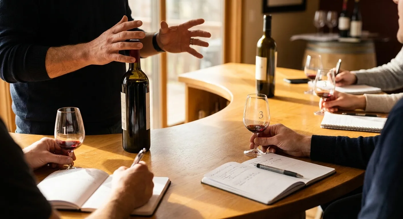 A small wine class in progress with a curved table of numbered glasses at each place and a presenter's hands gesturing over a bottle