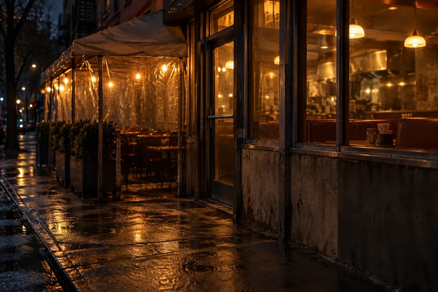 A nighttime exterior of a small diner with warm light glowing through its windows, a covered patio along the pavement and dark street trees framing the quiet Chinatown block.