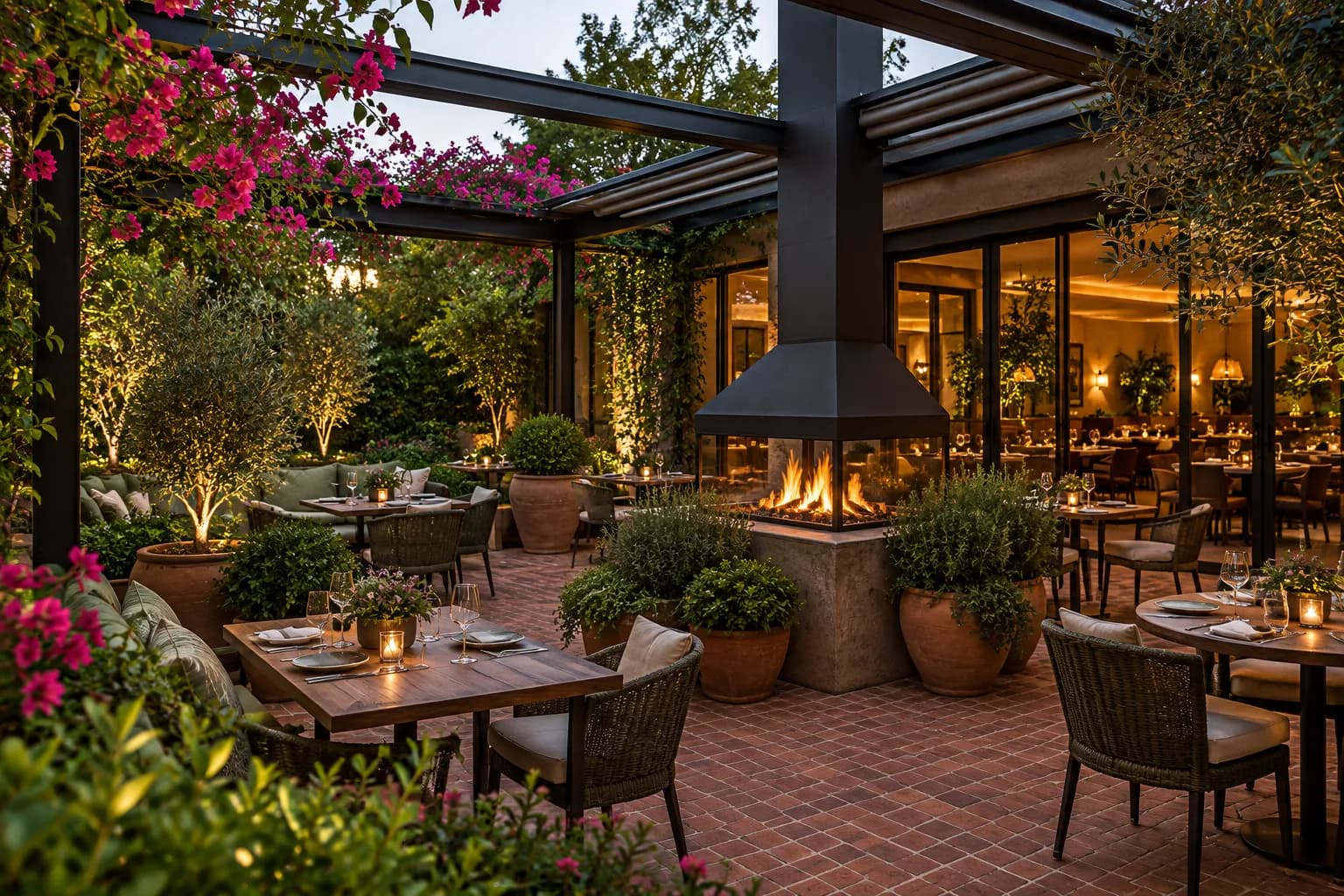 An architectural view of a restaurant patio with brick flooring, bougainvillea, greenery, central fireplaces and a retracted roof under soft evening light.