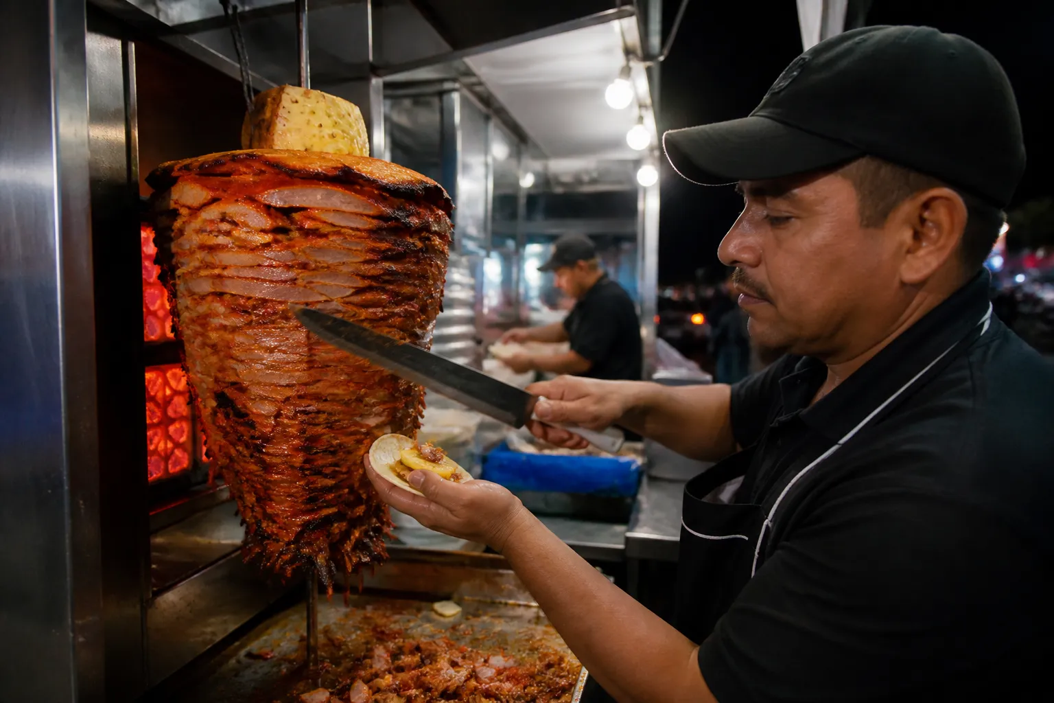A close-up shot of three grilled steak and al pastor tacos on handmade corn tortillas, topped with fresh cilantro, onions, and lime wedges on a metal tray.