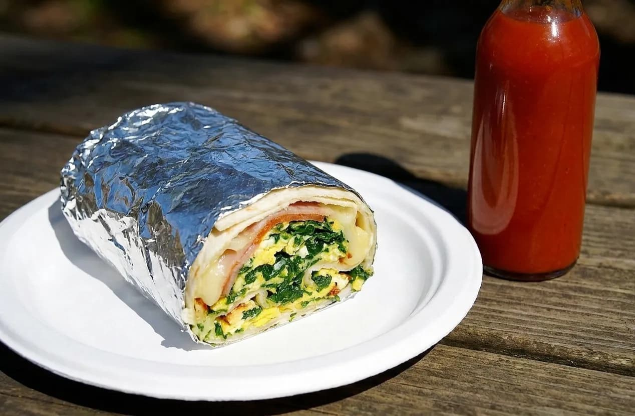 A breakfast burrito half unwrapped in foil on a paper plate with eggs, potato and salsa visible at the cut end beside a bottle of hot sauce