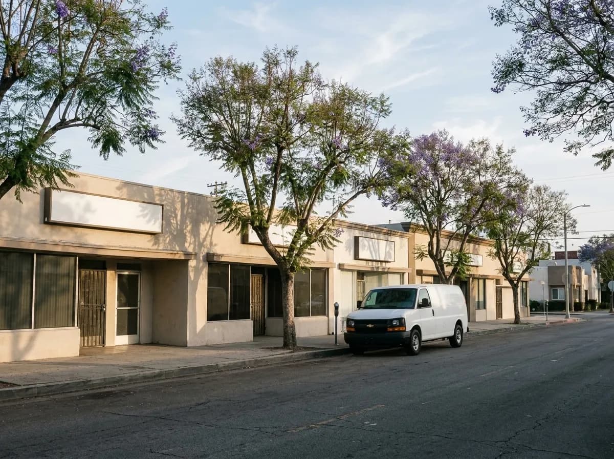 A Los Angeles residential commercial street in the early morning with low storefronts, jacaranda trees and long shadows in clear pale light