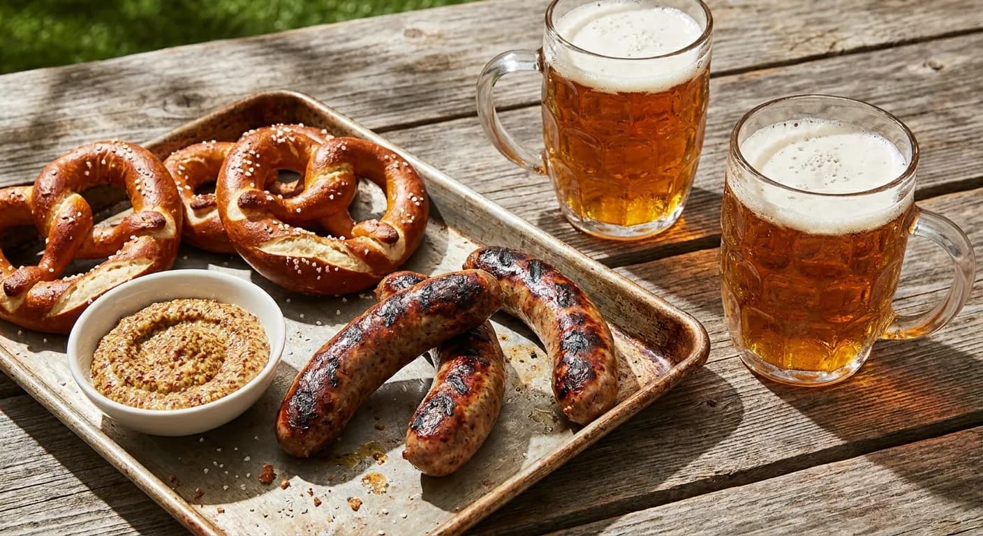 Brats and pretzels with mustard beside beer steins on a picnic table in sunshine