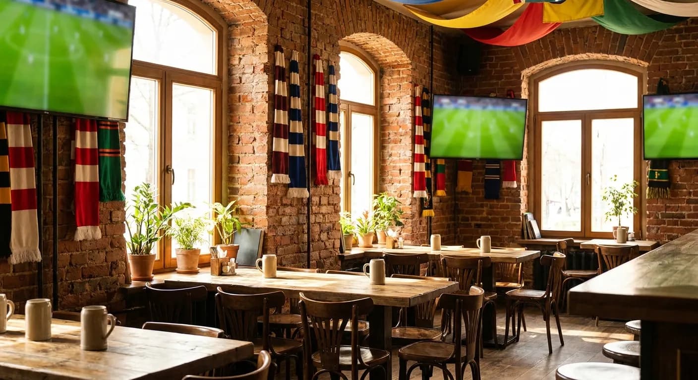 Sunlit bar interior with scarves and banners on exposed brick and a game glowing on screens