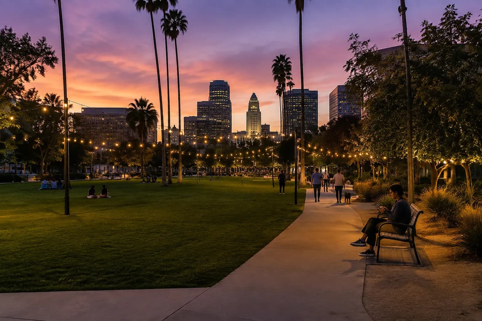 Grand Park at dusk with City Hall in the background and people on the lawn