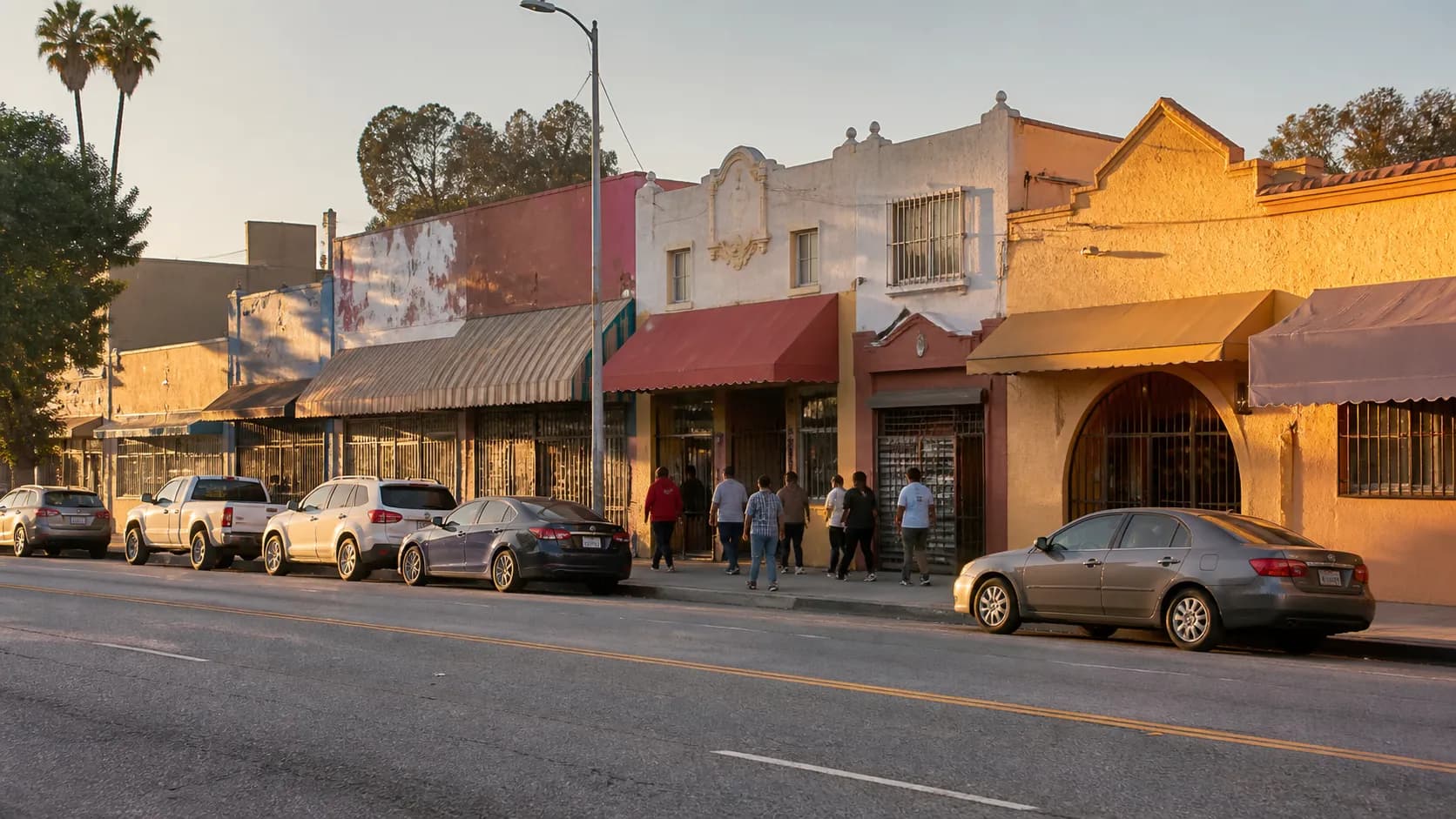 First Street storefronts in Boyle Heights during late afternoon with pedestrians and parked cars