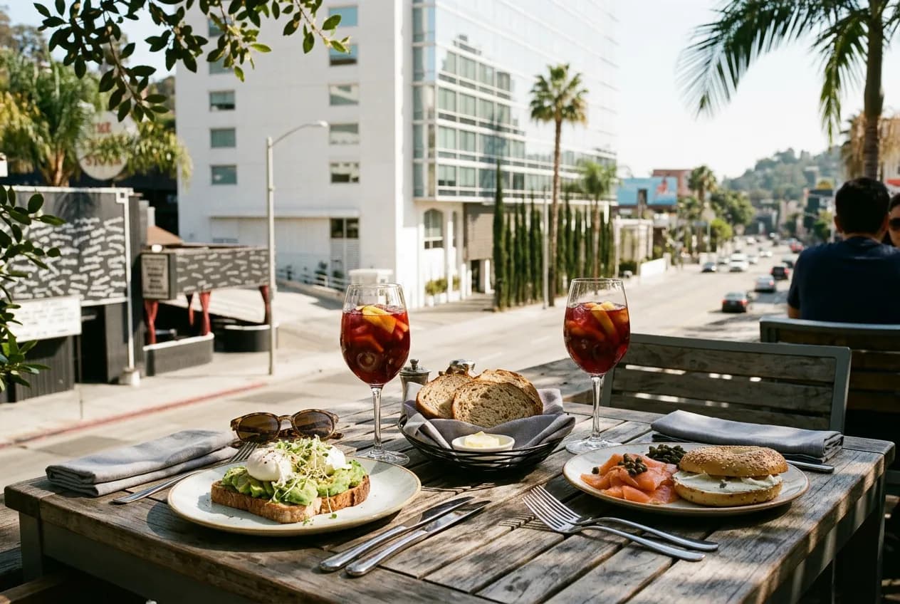 Brunch cocktails and plates on a rustic outdoor table above Sunset Boulevard in West Hollywood