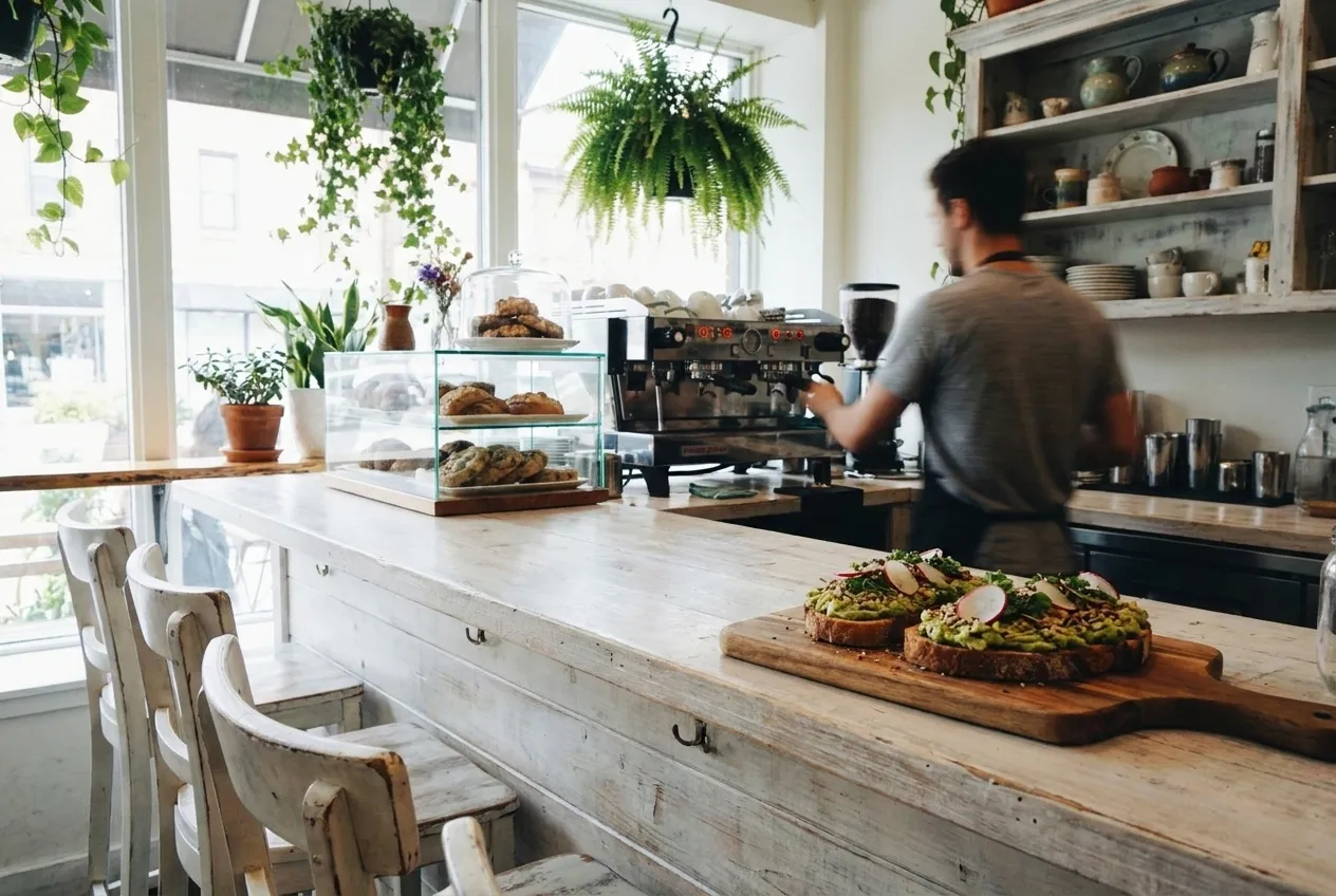 Interior counter of vegetarian cafe with espresso bar, avocado toast on wooden board, whitewashed wood and hanging plants in morning light