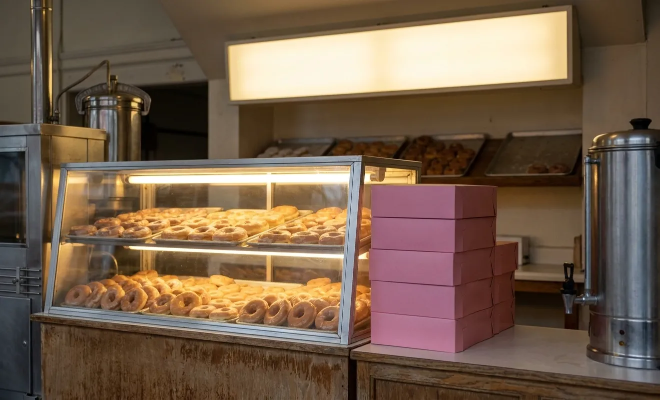 A small donut shop counter at dawn with glazed rings in a lit glass case and a stack of pink boxes beside a coffee urn