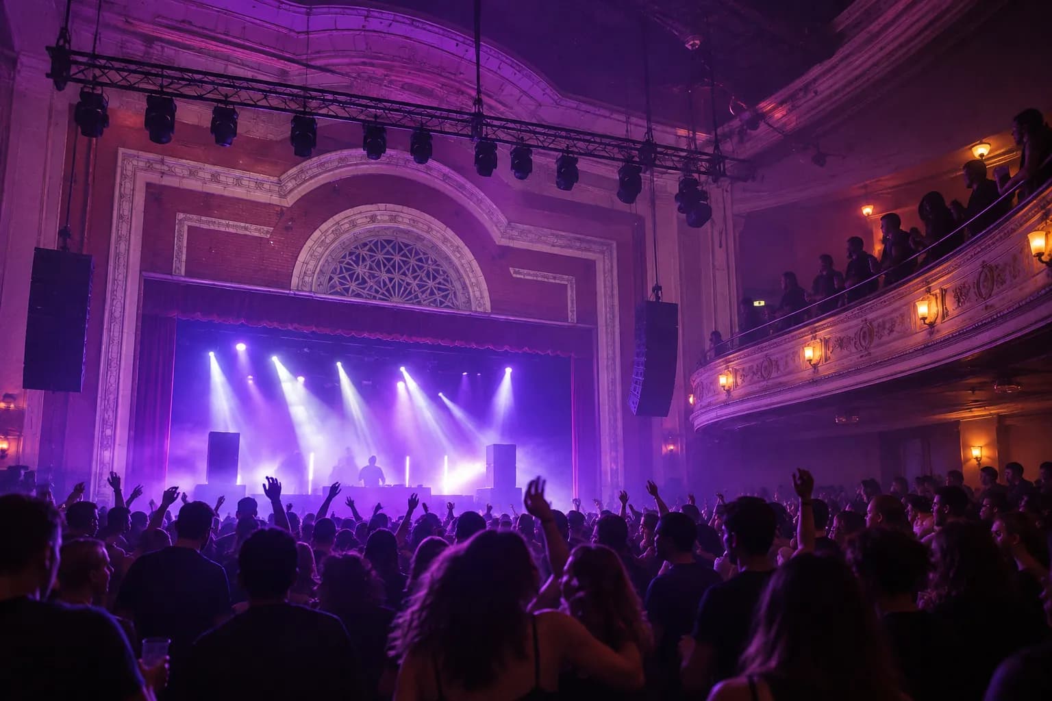 A converted theatre floor packed under a proscenium stage with a balcony above