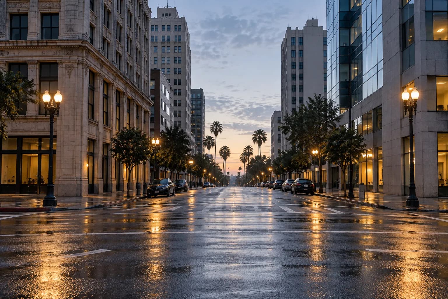An empty city intersection in the pale grey light just after dawn