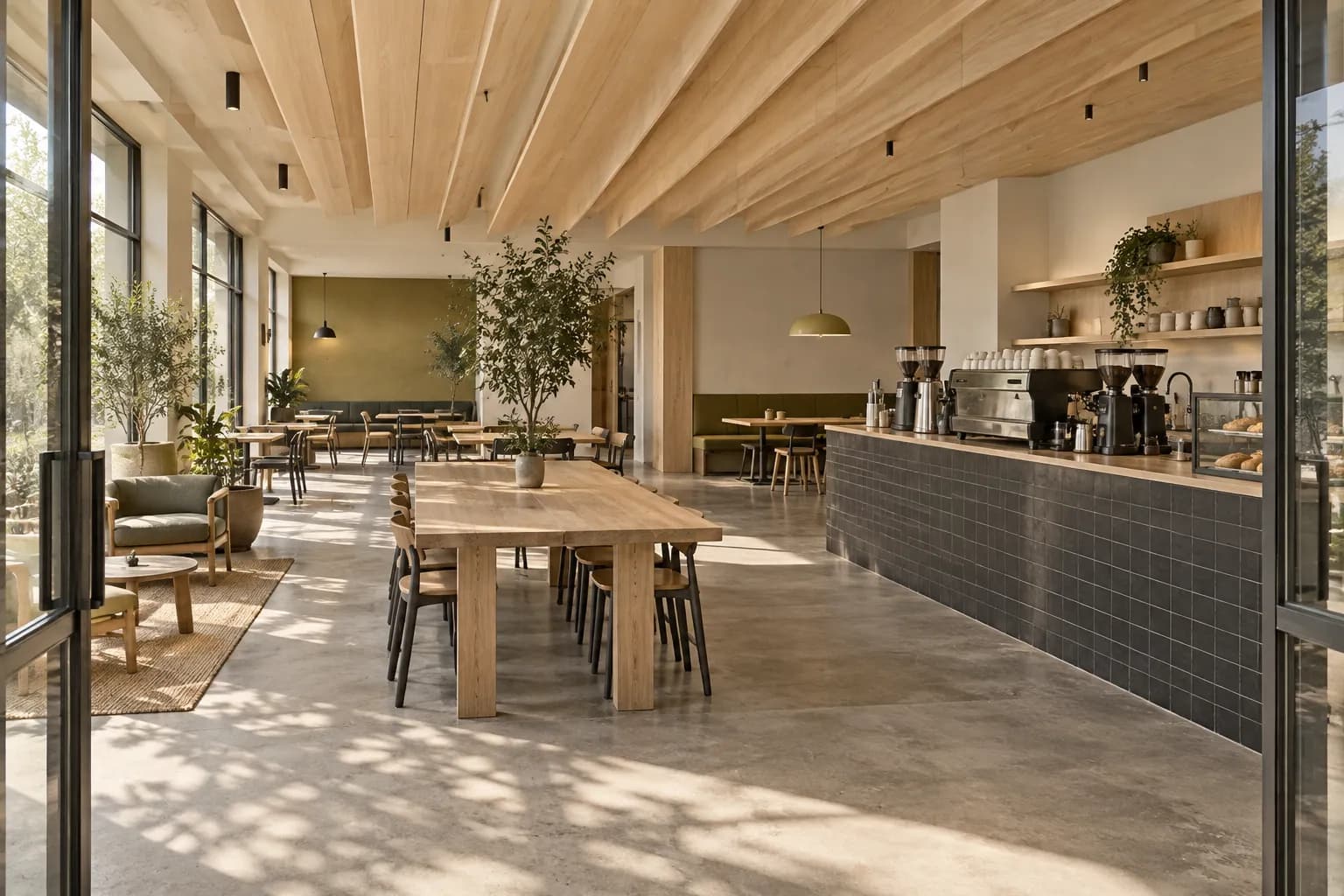 Wide interior of a bright coffee shop with pale wood ceiling panels, black tiled counter, communal tables and dinosaur-themed details, photographed from the entrance in natural daylight.