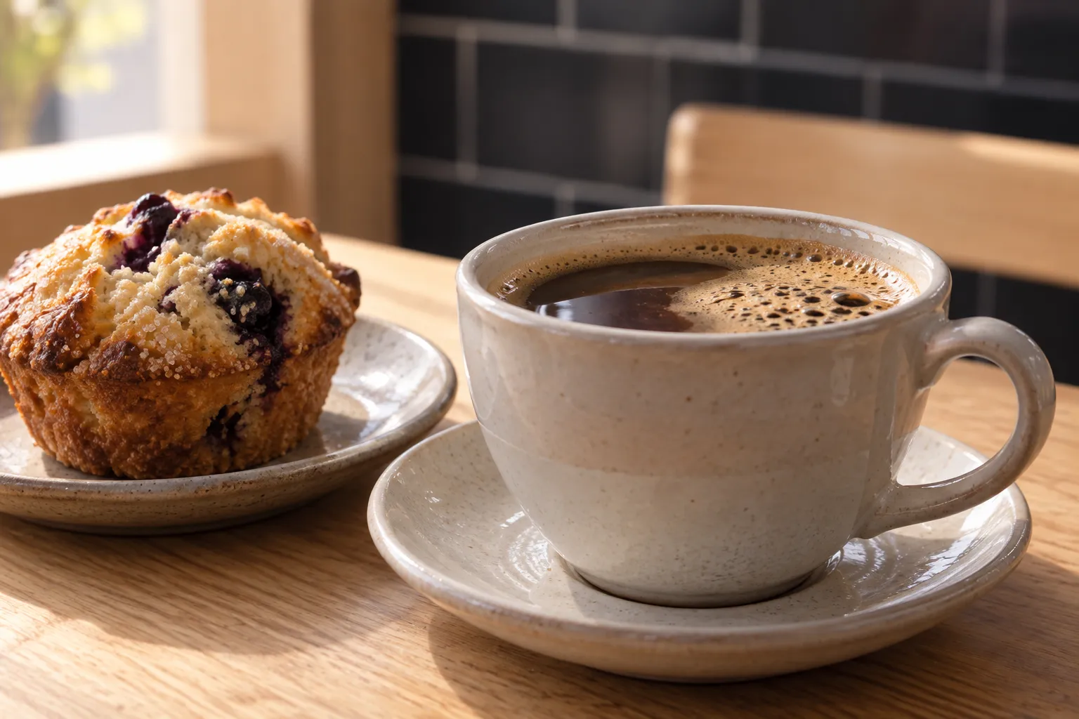 Close still life of a dark coffee beside a small baked good on a light wooden table, with black tile, warm timber and a softly coloured café interior fading behind it.