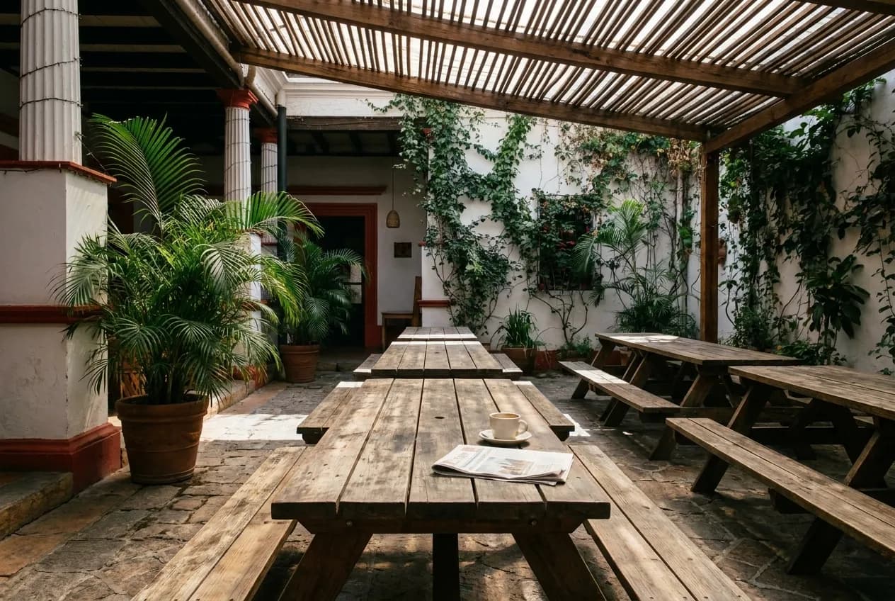 A shaded back courtyard with picnic tables, potted plants and dappled light