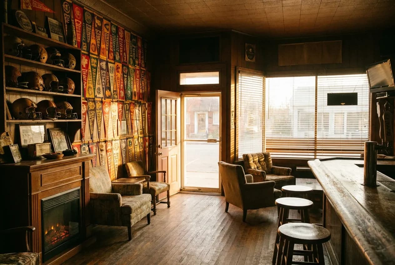 A dim sports bar wall covered in college pennants and vintage helmets with morning light through the door