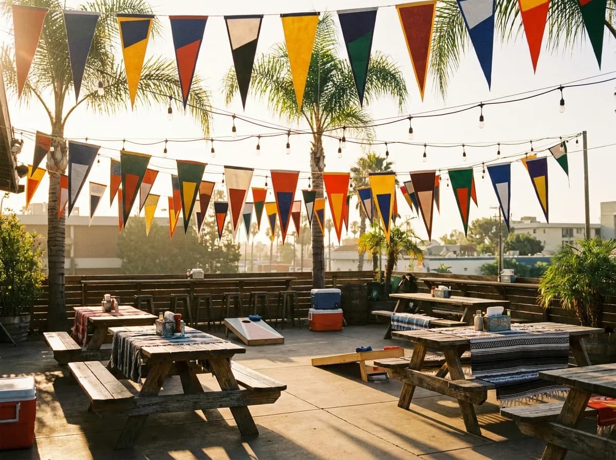 College flags hanging over a bar patio with picnic tables in bright morning light